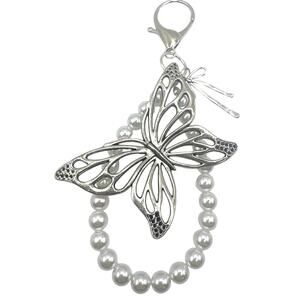 Bag/purse Charm, Butterfly with white faux pearls and bow, silver tone Brand New